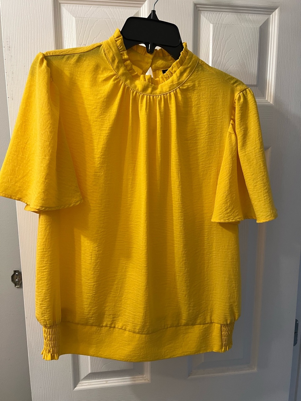 New York & Company Bright Yellow Ruffle Mock Neck Flutter Sleeve Blouse